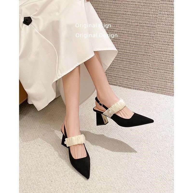 Baotou High-heeled Sandals Women's 2025 New Spring and Summer Outer Wear Shallow French Pointed High-end Thick-heeled Sandals