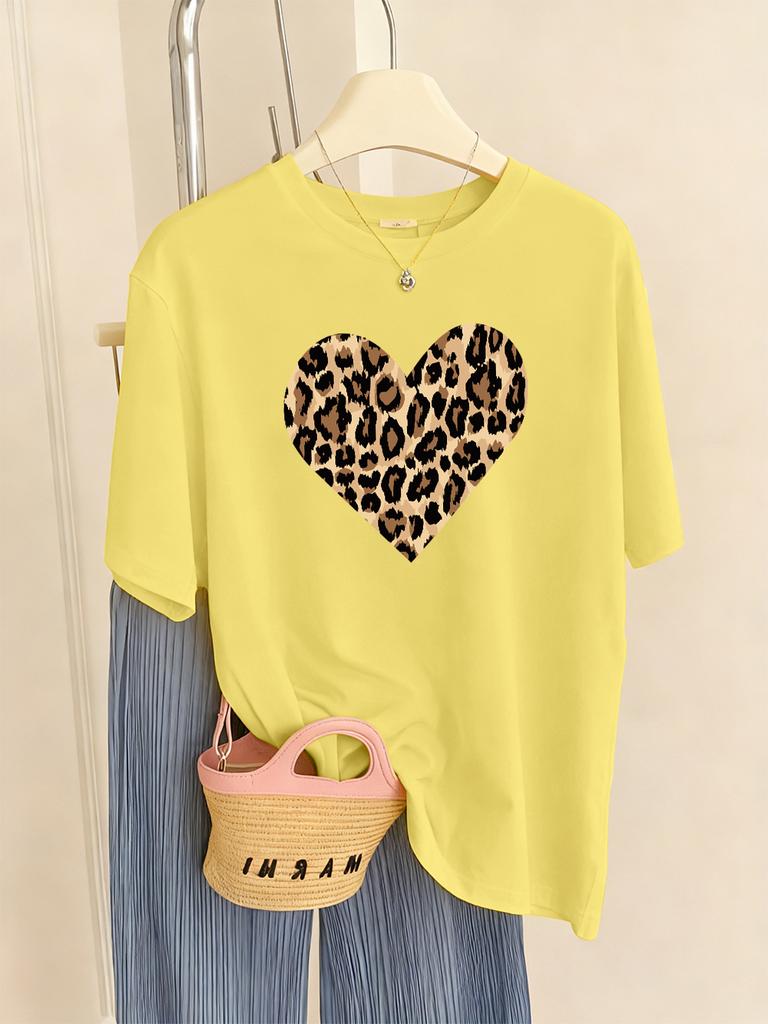 Leopard Heart Shape Printing TShirt Womens Basics Comfortable T Shirts Loose ONeck Short Sleeve Tops Summer Soft Woman Clothes