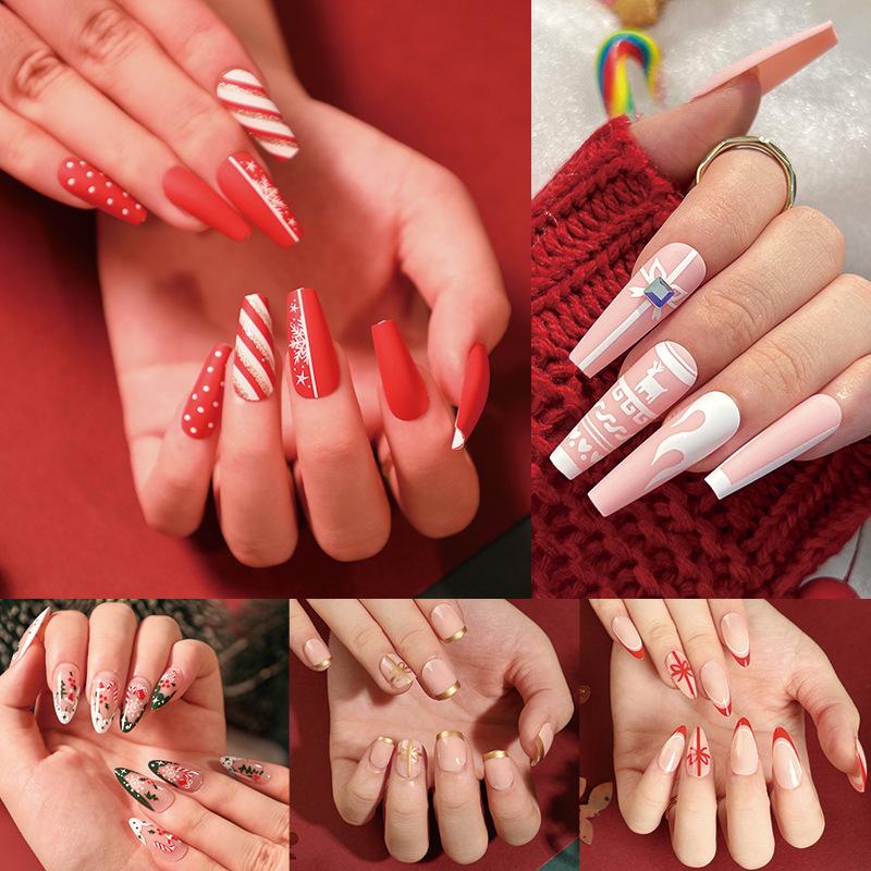 24 Stück Weihnachtskleidung Rüstung Schneeflocke Liebe Schneemann Maniküre Kurze Mandel Schleife Europäisch und Amerikanisch Lange Nagelstücke