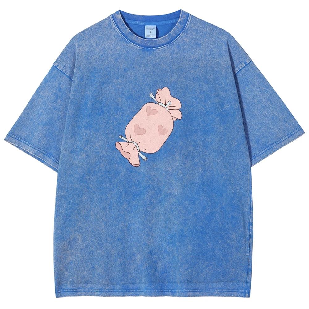 Kawaii Cute Vintage Hand-Painted Candy Heart Pattern Unisex Washed T-shirt S разноцветный