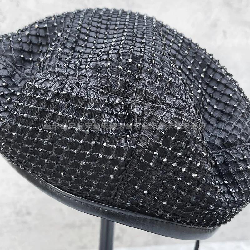Korean Mesh Rhinestone Beret Black Elegant Temperament All Match Pumpkin Hat Retro Fashion Painter Hat
