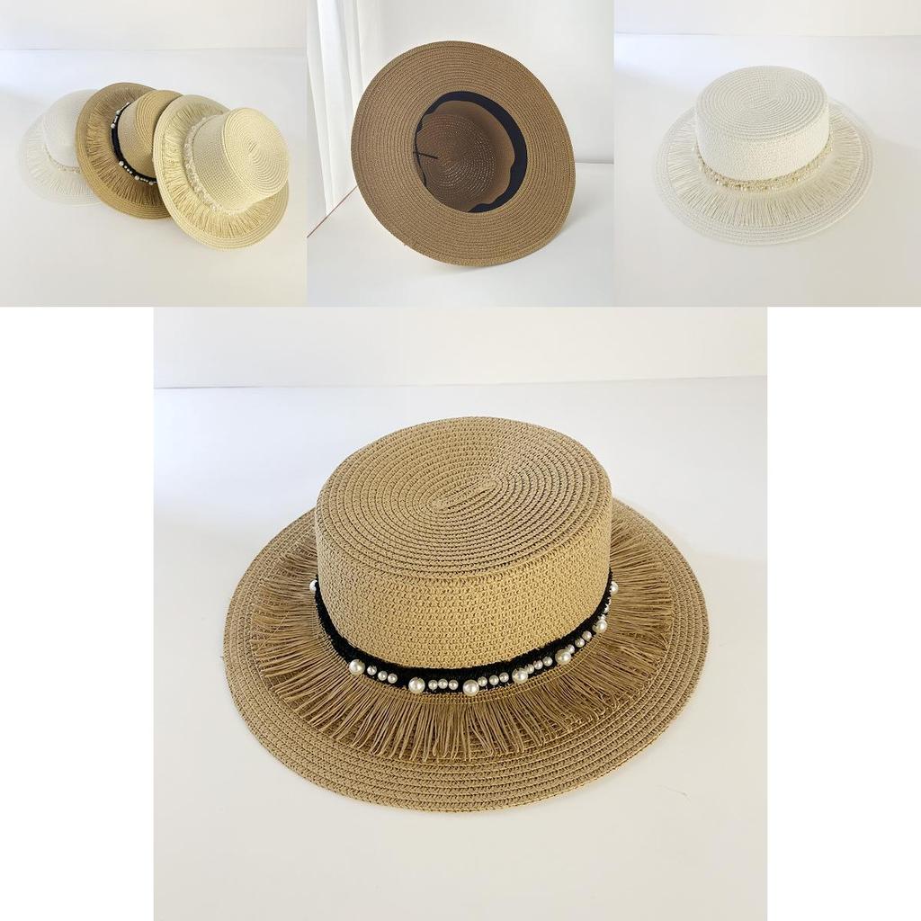 Women's Vintage Pearl Tassel Sun Hat French Retro Wide Brim Straw Hat