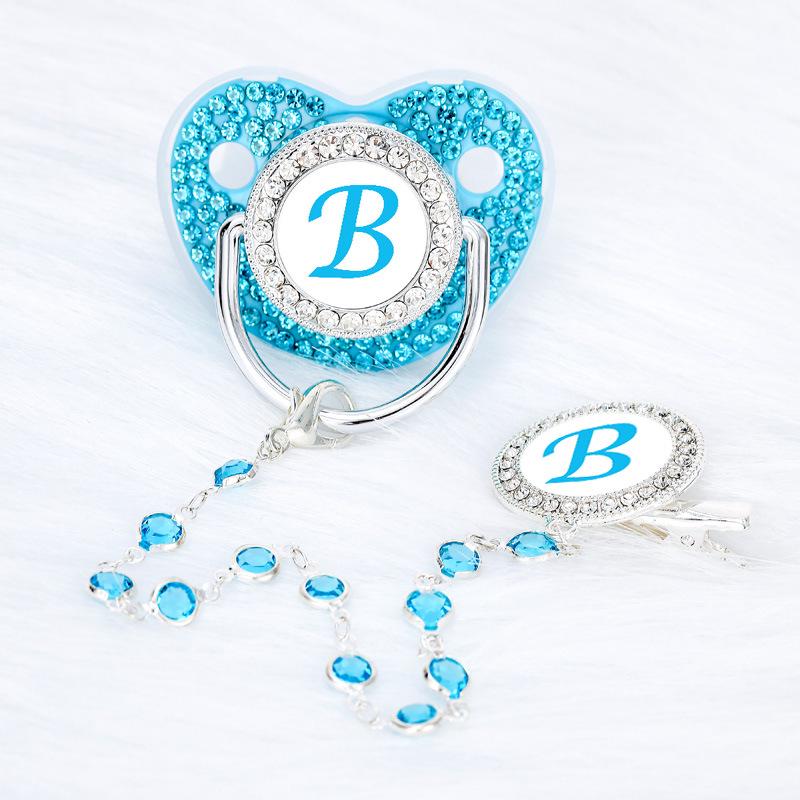 Lake Blue Rhinestone Baby Pacifier with Beaded Chain Clip