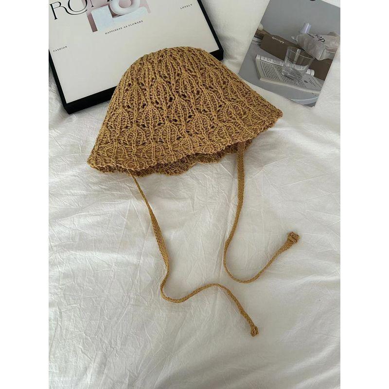 Fisherman Hat Women 2025 Spring Summer New Knitted Hollow Bucket Hat Breathable Sun Protection Lace-up Straw Hat Make Your Face Look Smaller