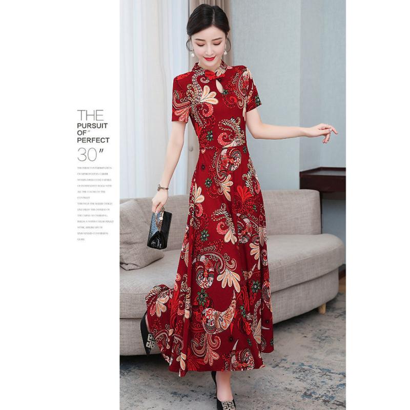 Women Cheongsam Dress Hollowed Stand-up Collar Short Sleeve High Waist Retro Ethnic Printing Skirt