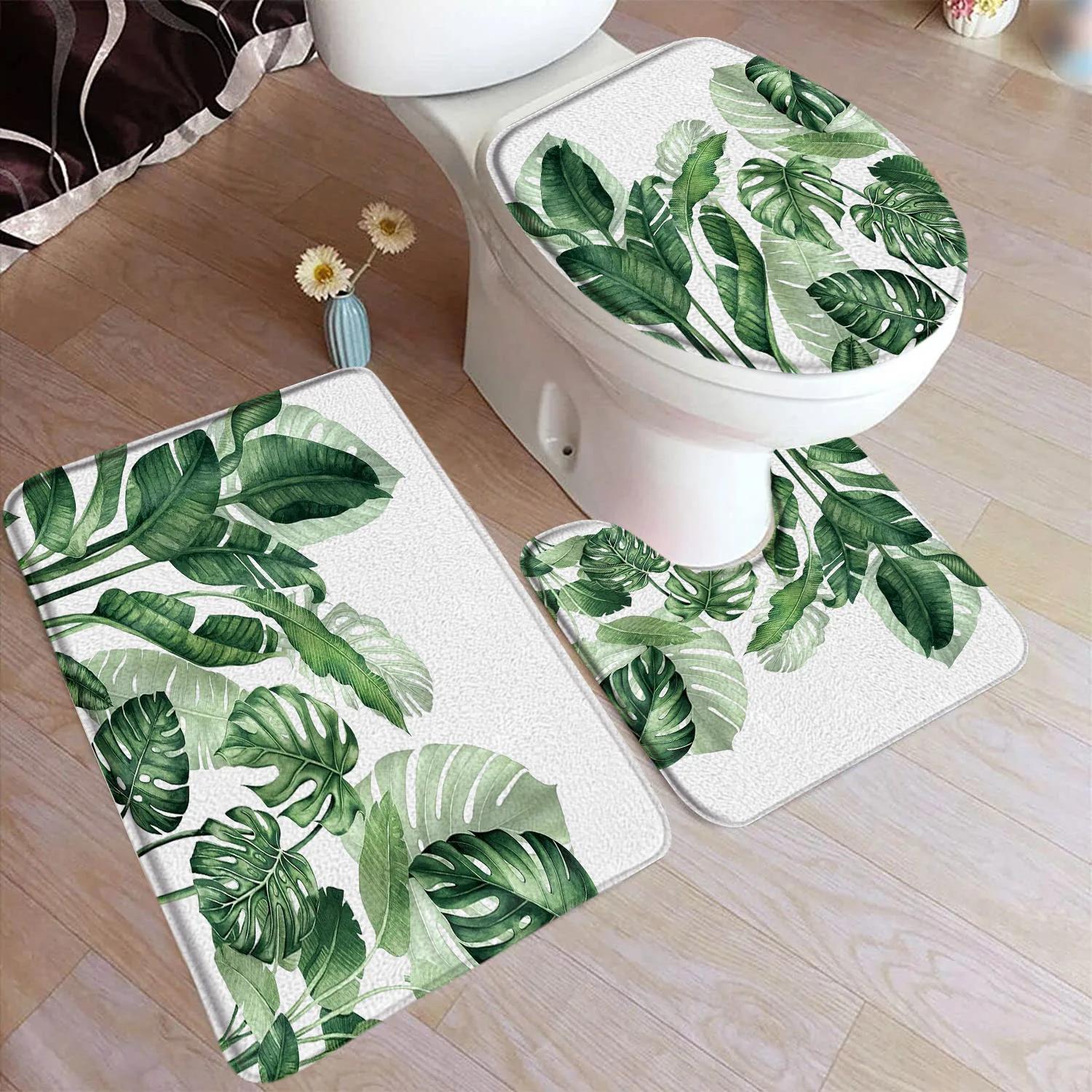

Tropical Plant Leaves Shower Curtain Set Watercolour Green Gold Palm Leaf Monstera Home Bathroom Decor Bath Mat Toilet Lid Cover W90*H180(CM)-1 Pcs