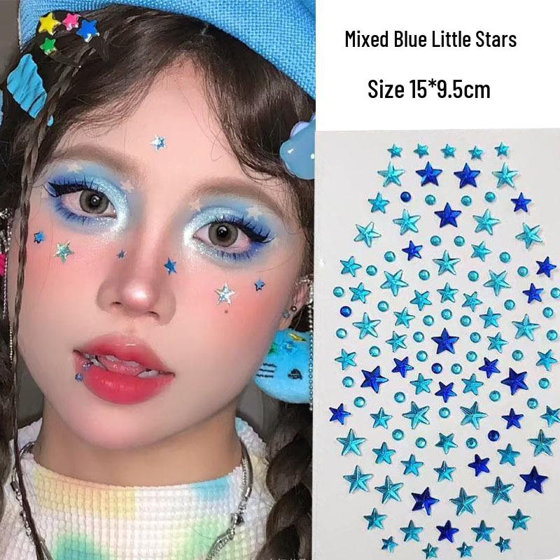 Concert Face Stickers: Five-Pointed Star, Blue Heart, Bowknot, Glue-Free Rhinestones for Makeup