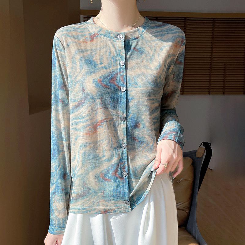 

2025 Summer Women s Tie-Dye Loose Knit Cardigan - Colorful Round Neck Sun Protection Top XL
