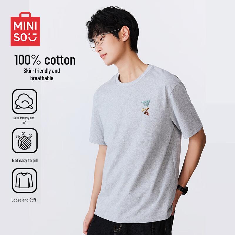 MINISO Men's Casual Round Neck Combed Cotton T-Shirt with Chest Print