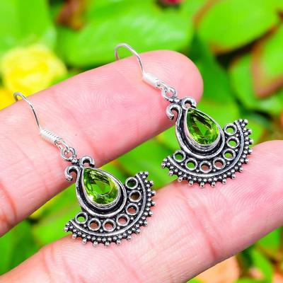 Natural Peridot Gemstone Handmade 925 Sterling Silver Earring 1.58" F8i63