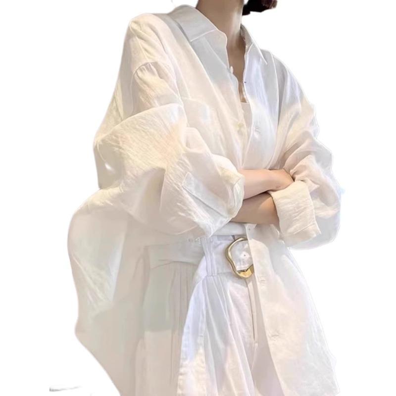 Women's White Long-Sleeve Sun Protection Shirt, Spring/Summer Loose Polo Collar Cardigan