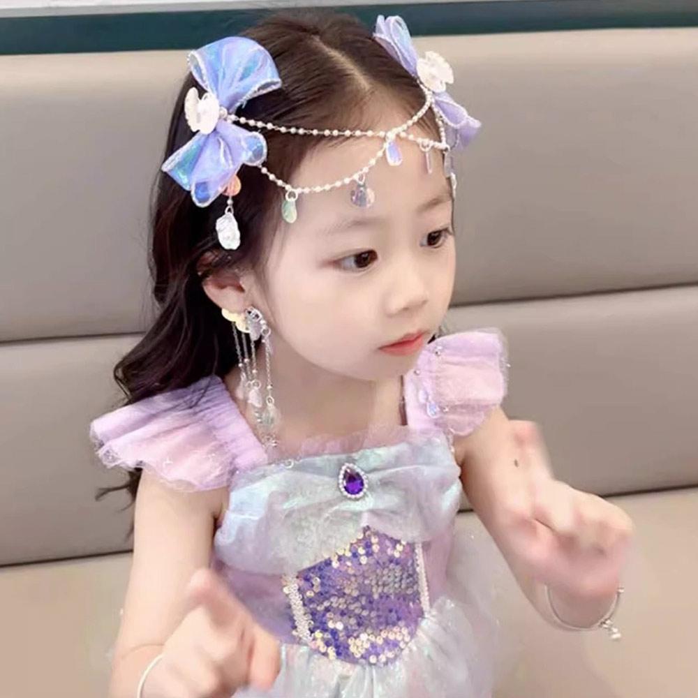 1 Pair Fashion Mermaid Princess Children Forehead Chain Pearl Fairy Hair Clip Sweet Bowknot Hair Accessories Kids