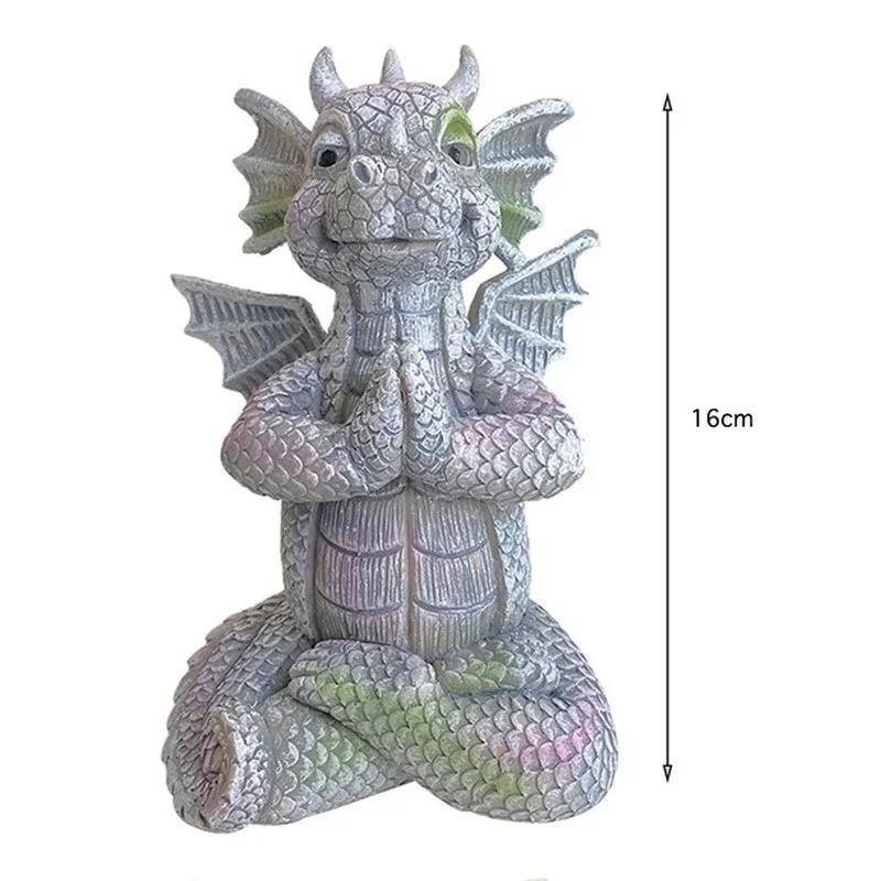 Zahradní socha draka na meditaci s LED osvětlením, pryskyřice, tvar dinosaura, venkovní ozdoba na dvůr, dekorativní socha do domácnosti