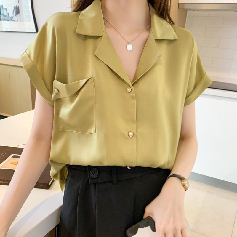 

Blusas Повседневная атласная рубашка с коротким рукавом женская летняя милая блузка для женщин однотонная рубашка с воротником поло топ шикарный элегантный 27916 S жёлтый