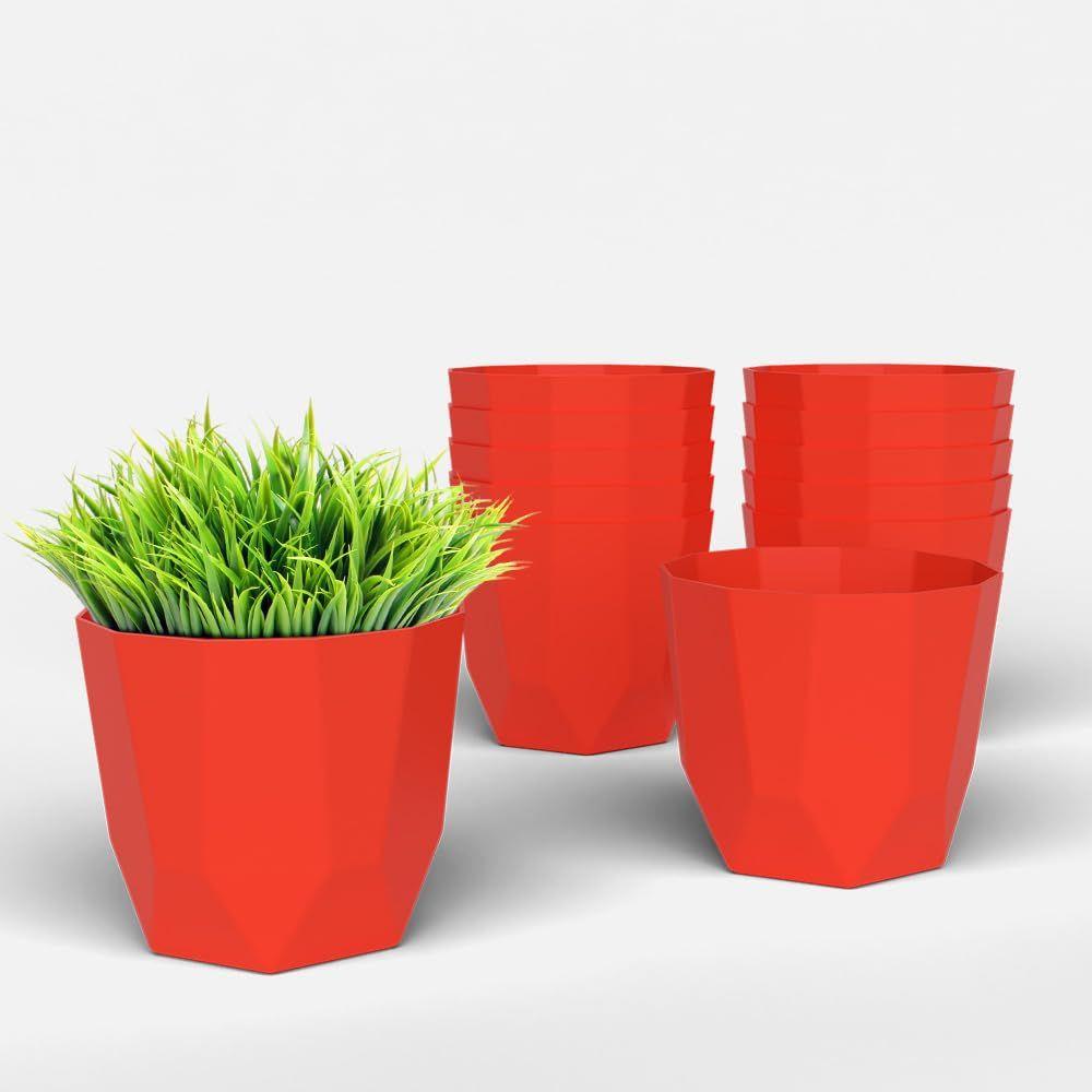 Hexa 4 Inch Pack of 12 Piece Plastic Plant Pot for Home Decor Indoor Plant Pots for Living Room Plastic Flower Pot for Garden (Red)