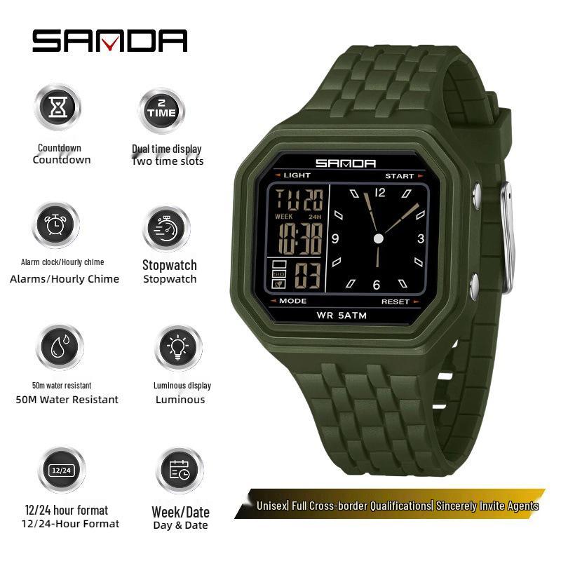 SANDA Unisex Fashion Square Multifunctional Wristwatch – Waterproof, Alarm, Electronic Timer.