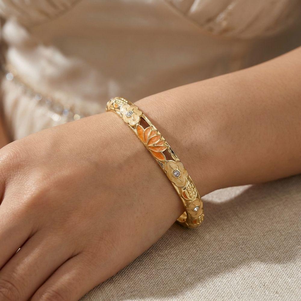 Vintage Colorful Enamel Floral Bangle Hollow Out Chinese Style Dainty Jewelry Handmade Gift Flower Bangle Women