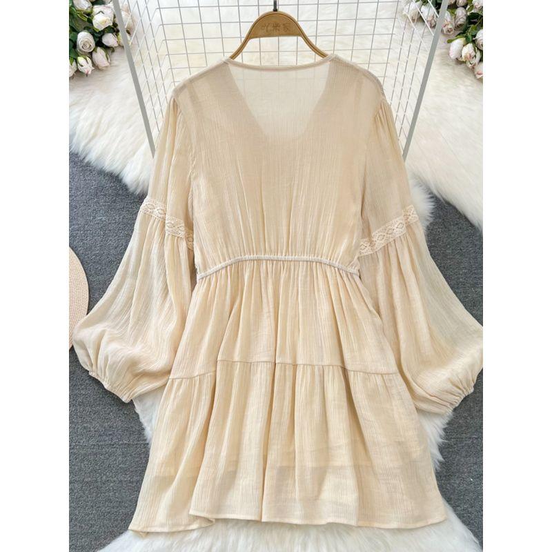 Lantern Sleeve Tassel V-neck Patchwork Loose A- line Dress