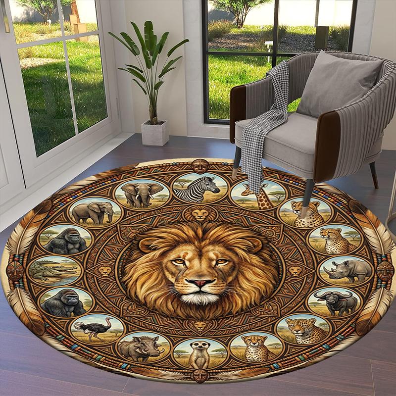 Retro Mandala Lion Round Area Rug,Carpet Rug for Living Room Bedroom Sofa Playroom Decor,Non-slip Floor Mat Q0037