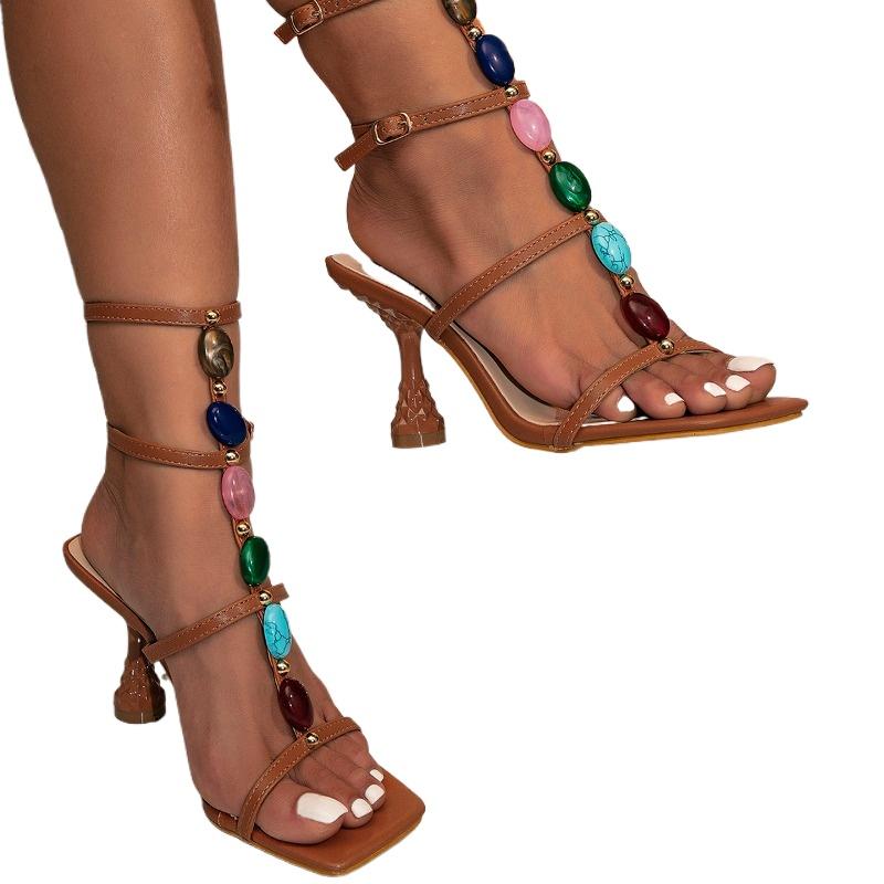 Fashion New Style Fashion Colour Gem Strap Designer Sandals Women Square Toe Gladiator High Heels Summer Party Dress Shoes Zapatos Mujer