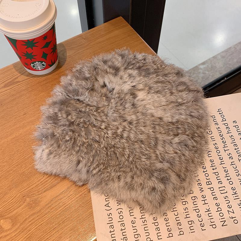 Thickened and Warm Real Rabbit Plush Fur One Piece Knitted Hat for Women In Winter  Versatile Knitted Toe Cap Woolen Hat for Cold Protection
