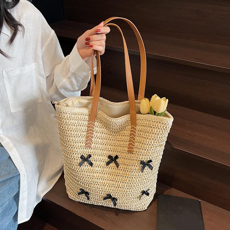 Yogodlns Summer Beach Large Capacity Tote Bag Women Shoulder Bag Handmade Woven Top-Handle Bags Raffia Boho Women Bag