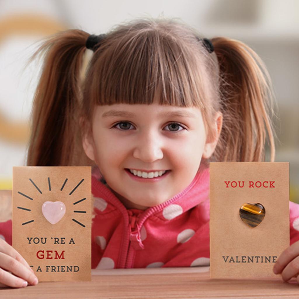 24pcs Valentine Heart Cards with Natural Crystal Stones 8 Different Polished Stones for Classroom Exchange School Activities