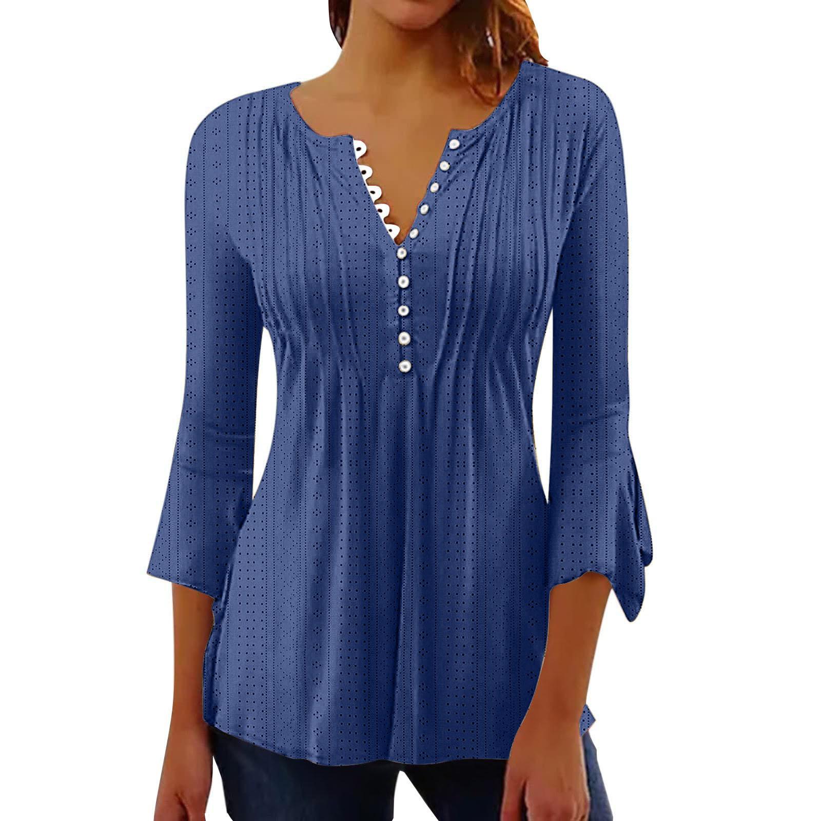 Solid Color Hollow Out V Neck Button Petal Sleeve Loose Commuting Women T Shirt S синий