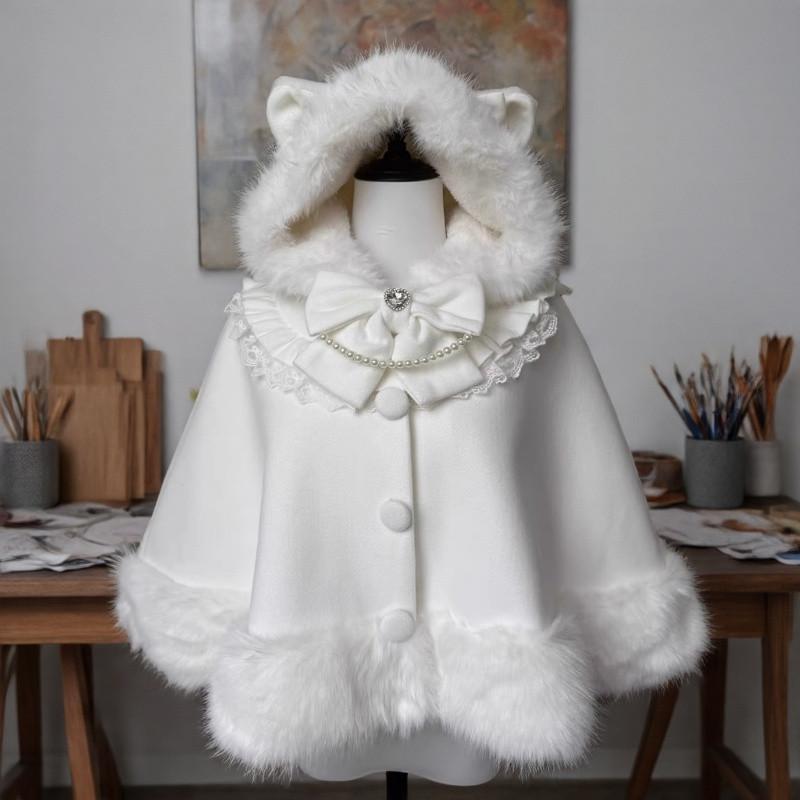 Gothic Lolita Winter Warm Shawl Overcoat Women's Cute Girl Bow Hooded Patchwork Kawaii Cope Woolen Female Chic Fur Collar Coat