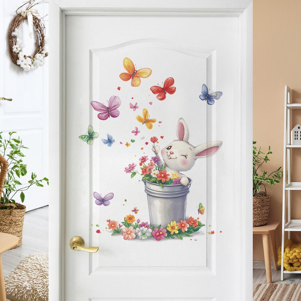 Vintage Tin Bucket Floral Rabbit Butterfly Wall Sticker Self-Adhesive Removable for Bedroom Living Room Rustic Home Decor Art