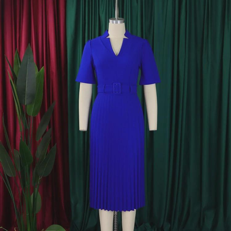 Women Summer Pleated High Waist V Neck Dress