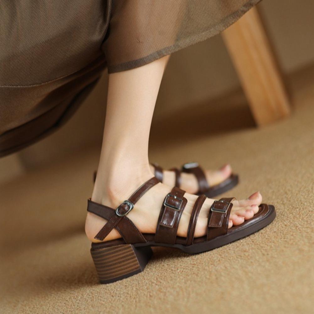 Sandals for Women's Summer Soft Sole Not Tired Feet Thin Strip with Thick Heel Roman Sandals Women French Retro Womens Shoes