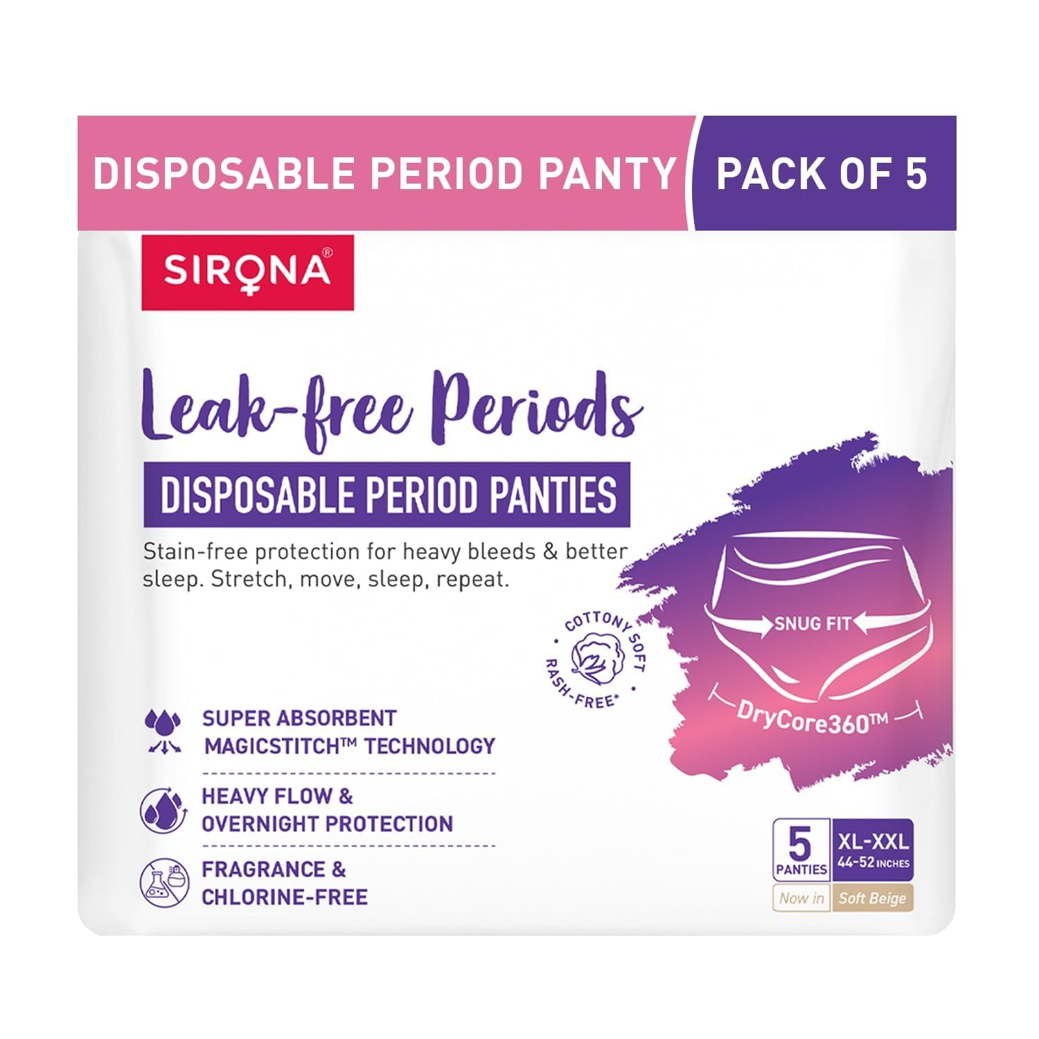 

Sirona Disposable Period Panty for Girls & Women | XXL | Pack of 5 | 360° Coverage for Stress Free Periods | Leakage Protection for Heavy Flow |