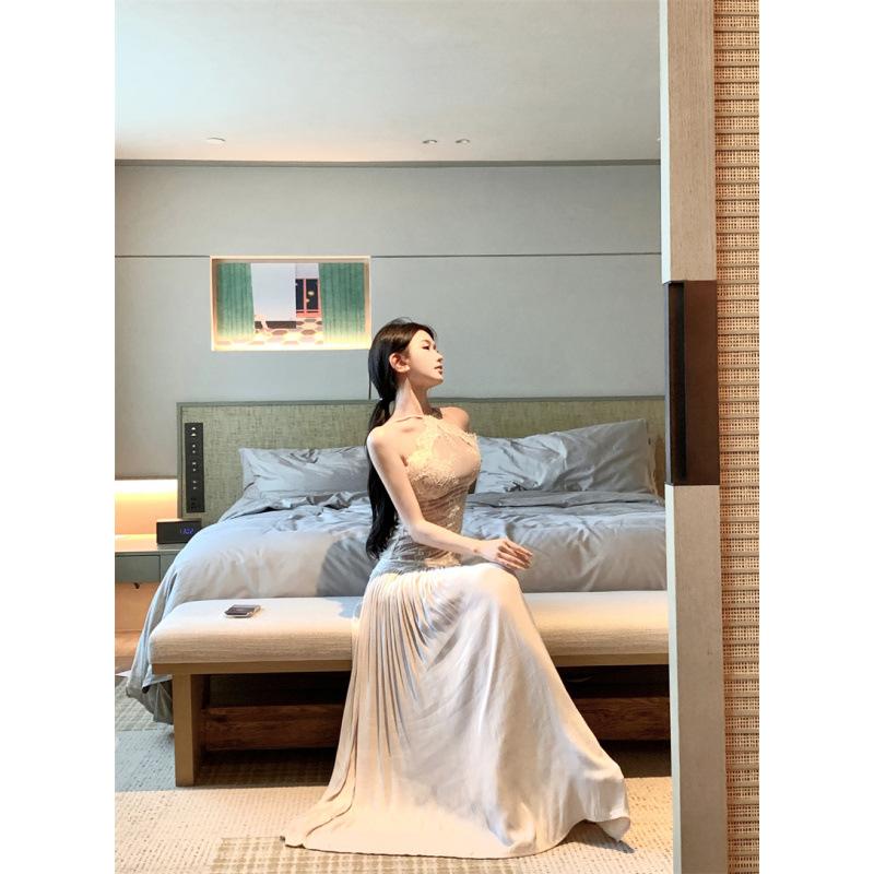 Lace splicing suspender dress women's summer temperament socialite high-end waist backless sleeveless long dress