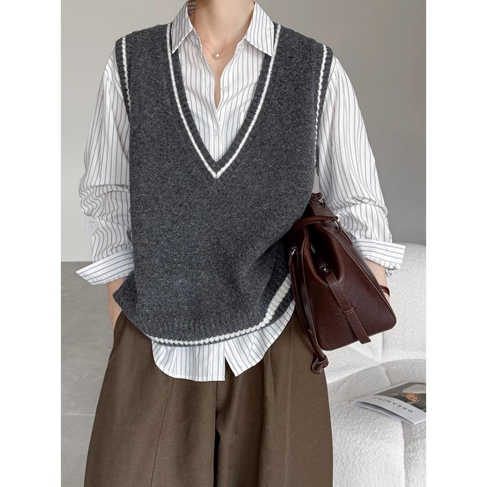 DIMANAF 2025 Plus Size Sweaters Vest Autumn Women Solid V-Neck Sweaters Knitting Loose Grey Beige Sweater