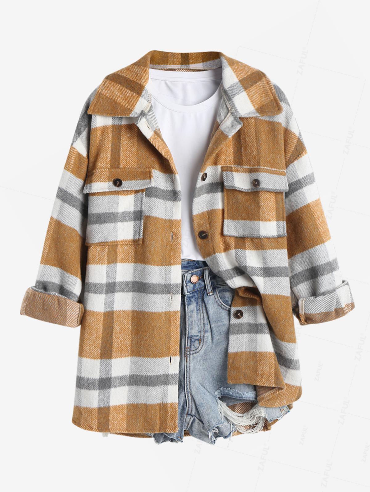 

Drop Shoulder Button Down Flannel Woolen Jacket