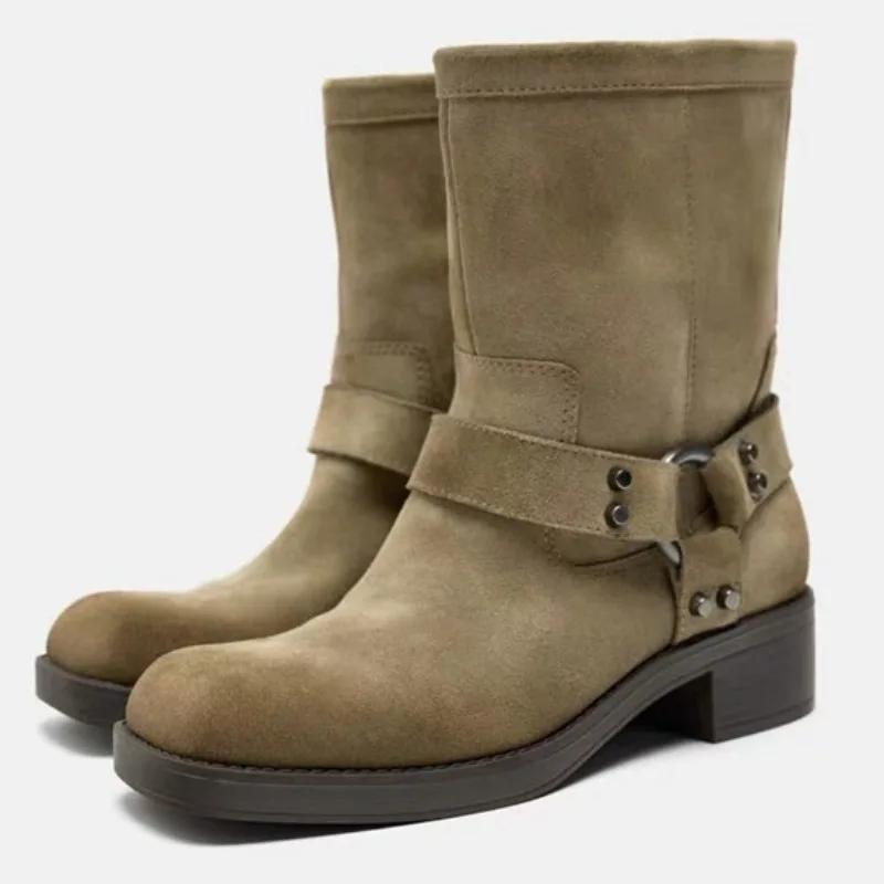 

Fashion Khaki Faux Suede Ankle Boots Women Fashion Square Toe Metal Rivet Decoration Brand Biker Boots Comfort Thick Sole Designer Boots 40 хаки