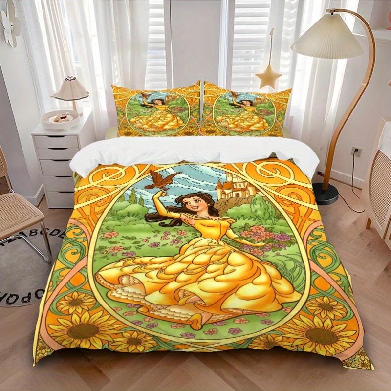 3pcs Princess Belle Quilt Set - Soft and Comfortable Bedroom, Guest Room and Dorm Decor Bedding Set 1 Quilt Cover + 2 Pillowcases.B074