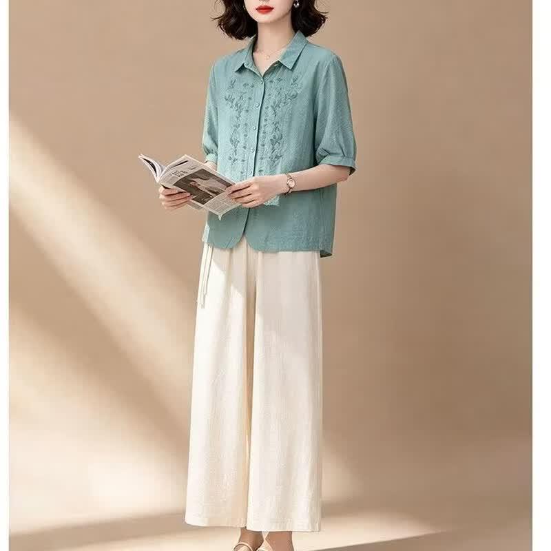 EST+II Gentle Embroidered Lapel Top & Wide-Leg Cropped Pants Set