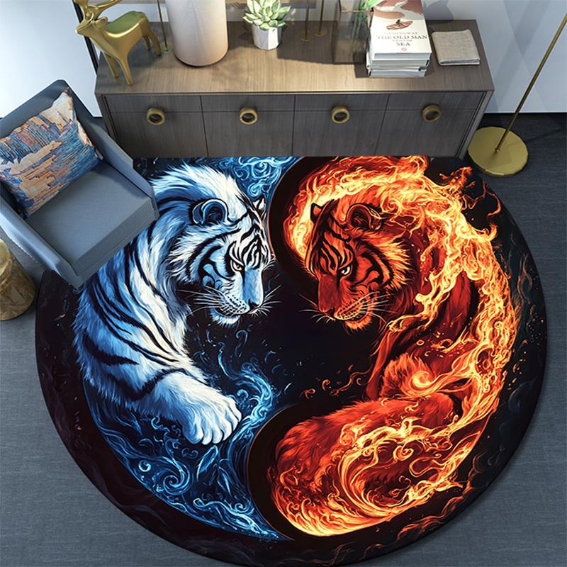 Yin Yang Tiger Round Area Rug,Carpet Rug for Living Room Bedroom Sofa Playroom Decor,Non-slip Floor Mat