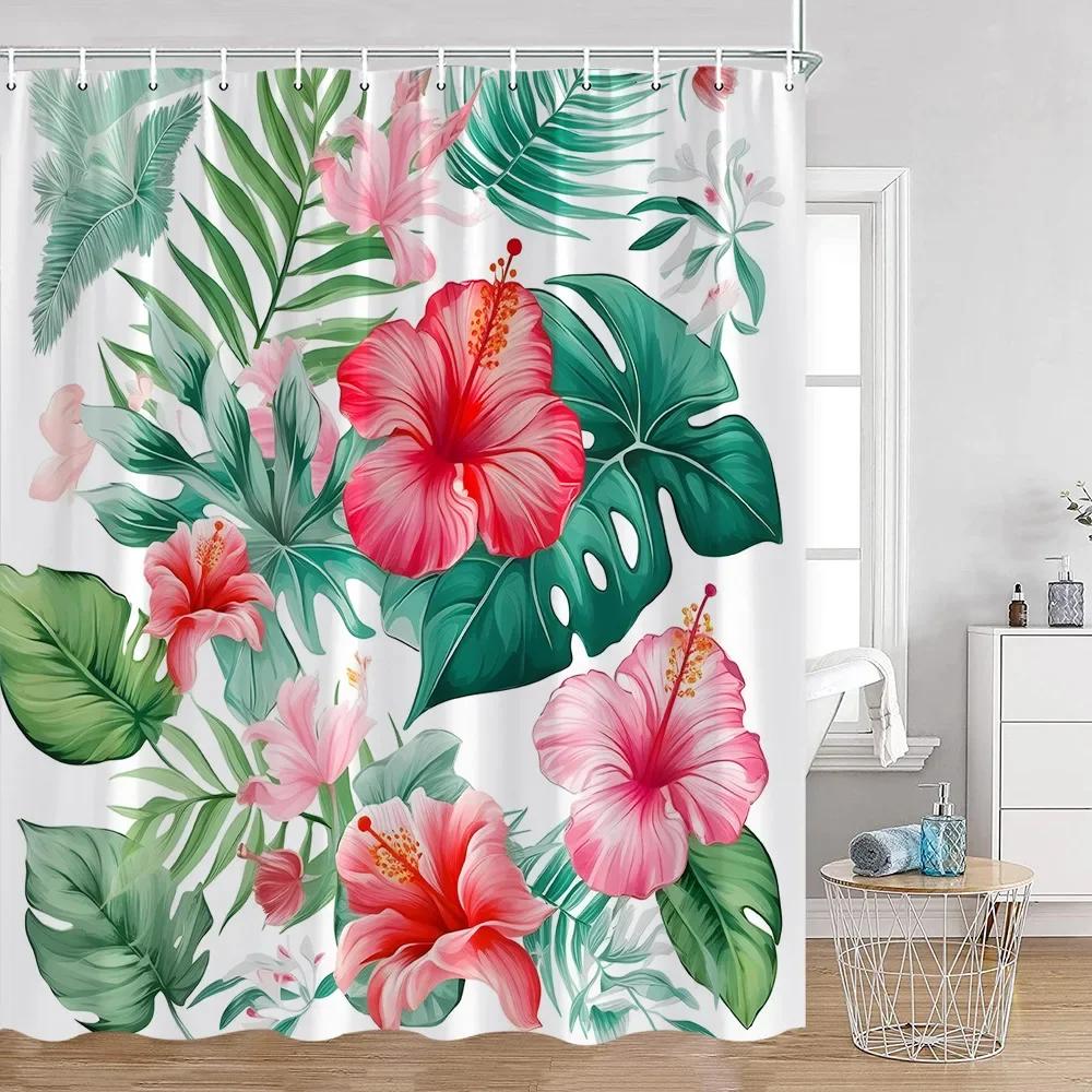 Tropical Leaves Shower Curtain Green Leaf Palm Flower Flower Bathroom Curtain Green Plant Bathroom Decoration with Hook