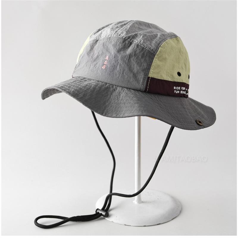 Summer Quick Dry Patchwork Bucket Hat Women Men Gorpcore Outdoor Hiking Mountain Cap Windproof Rope Sun Protection Fisherman Hat
