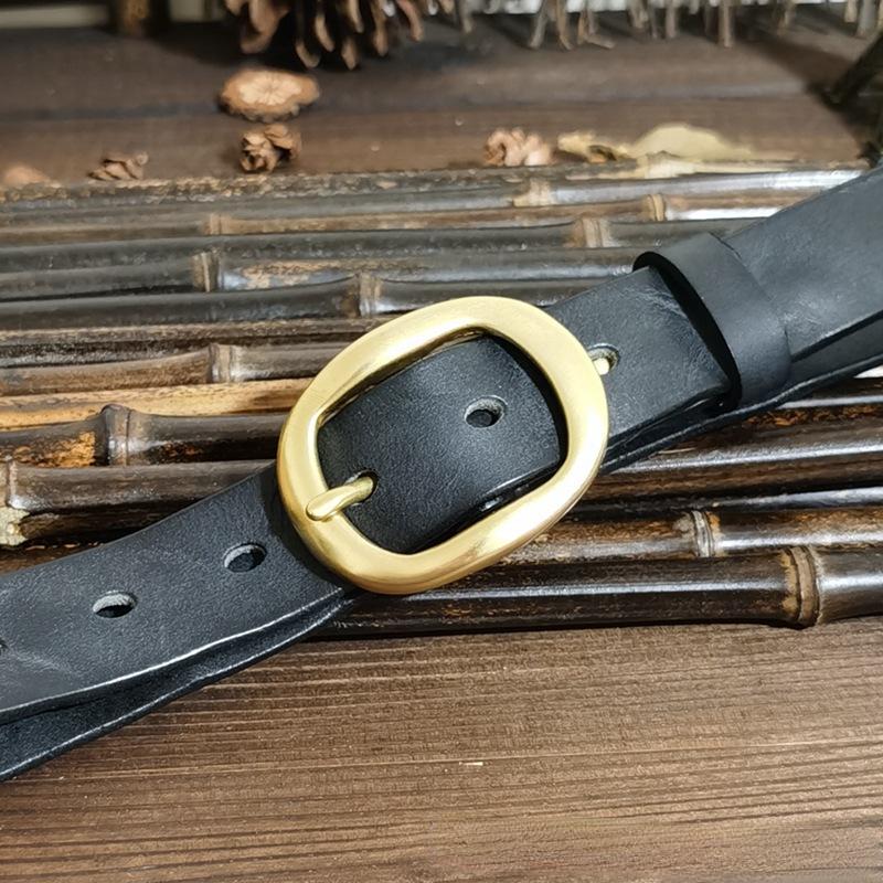 Women's Korean-Style Leather Belt Vintage Crumpled Trendy Brass Buckle Genuine Leather New Pure Cowhide All-Matching Jeans Belt