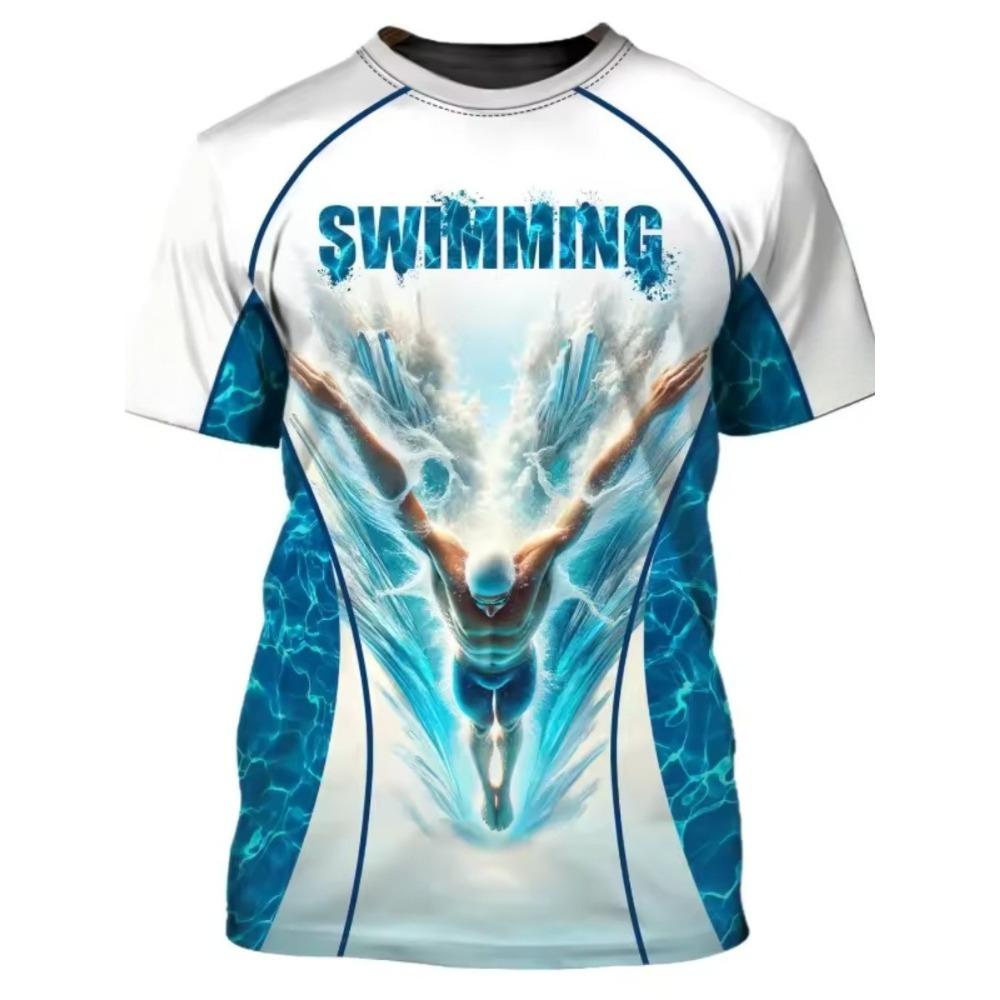 Men's 3D Printed Swimming T-shirt Loose Casual Comfortable Breathable Plus Size Short Sleeved Versatile Fashion T-shirt