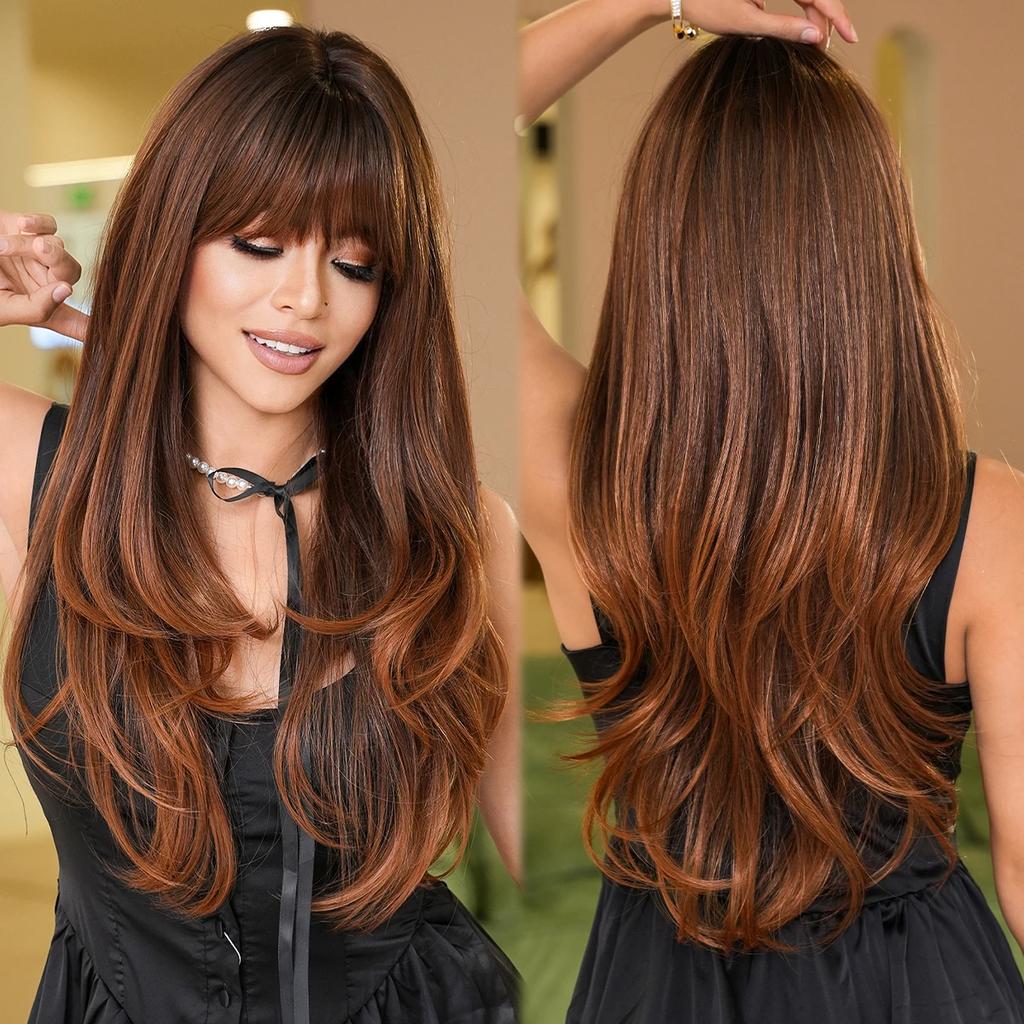 Professional  Loose Long Body Wavy Orange Wig for Women Daily Use Fashion Synthetic LightOrange Curly Hair Wigs with Bangs High Density 28Inch