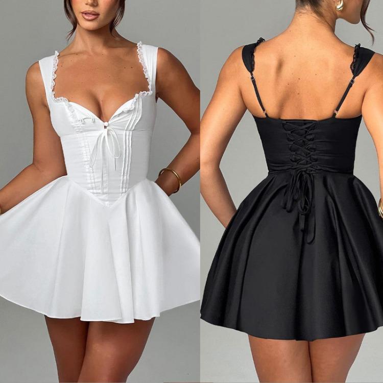 Tief ausgeschnittenes rückenfreies Mini-Korsettkleid für Damen mit Rüschensaum, ärmellos, A-Linie, Party-Club-Kleid