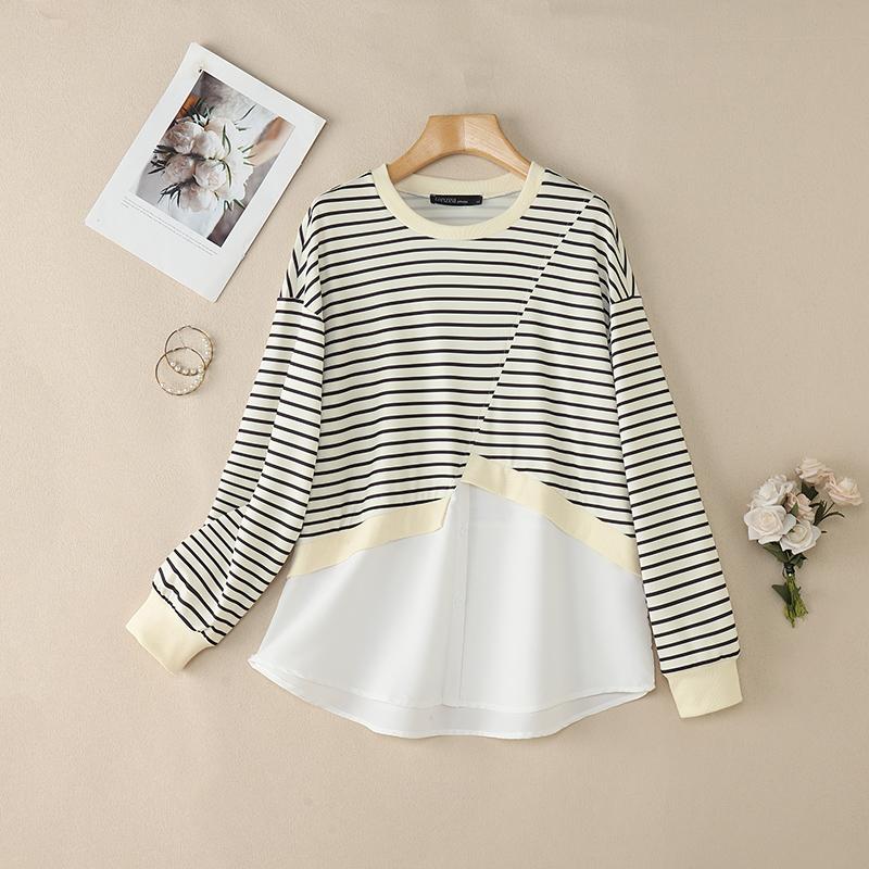 ZANZEA Women Casual Round Neck Long Sleeve Stripe Patchwork Pullover Tops