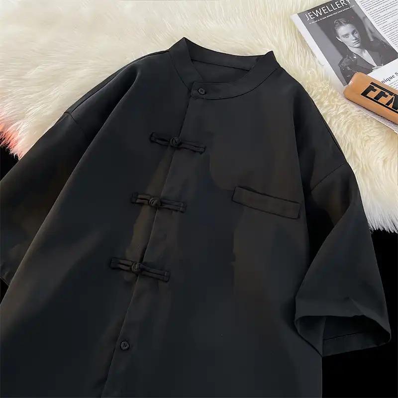 Pánská černobílá košile v čínském stylu, 2dílná, s knoflíky ve tvaru žáby, stojáčkem a krátkým rukávem