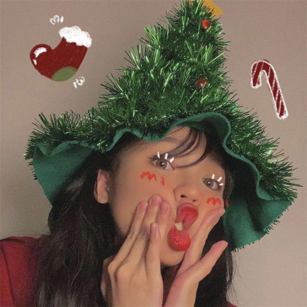 Fancy 2025 Ins Christmas Tree Hat Fabric Rain Silk with Star Tinsel Christmas Headband Gift Cap Decoration Photo Props