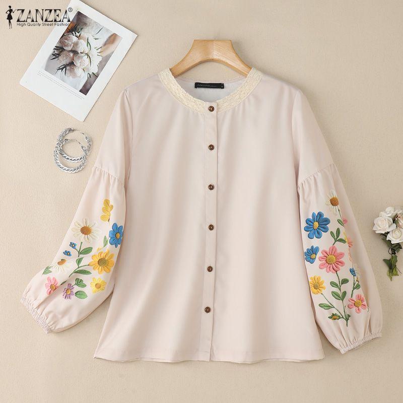 ZANZEA Women Casual Round Neck Loose Floral Print Long Sleeve Blouse